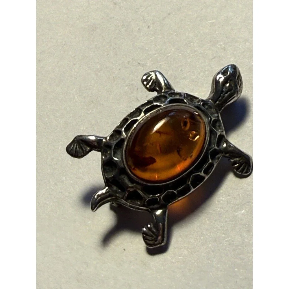 Amber Sterling Silver 925 TURTLE Brooch Pin